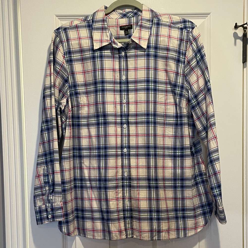 Talbots White Plaid Button-Down Shirt with Blue and Red Lines